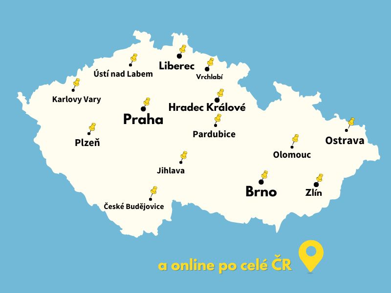 Mapa učeben Doučsematiku.cz po celé ČR — Praha, Brno, Ostrava, Hradec Králové, Liberec, Zlín, České Budějovice, Vrchlabí a další